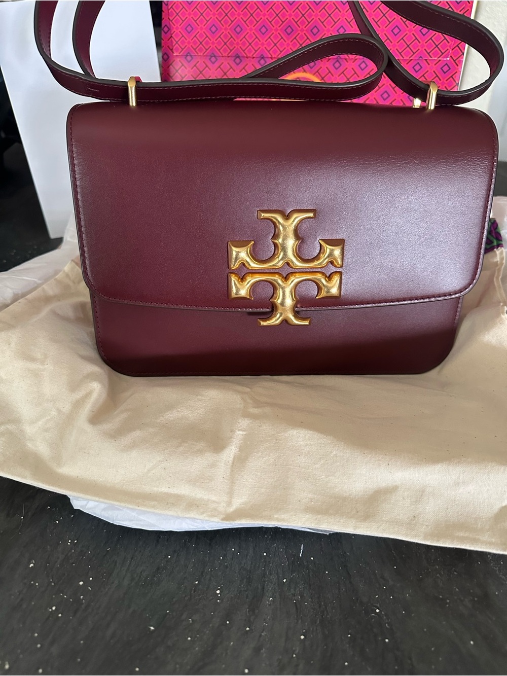 Tory Burch Eleanor Burgundy Leather Bag with Gold Logo